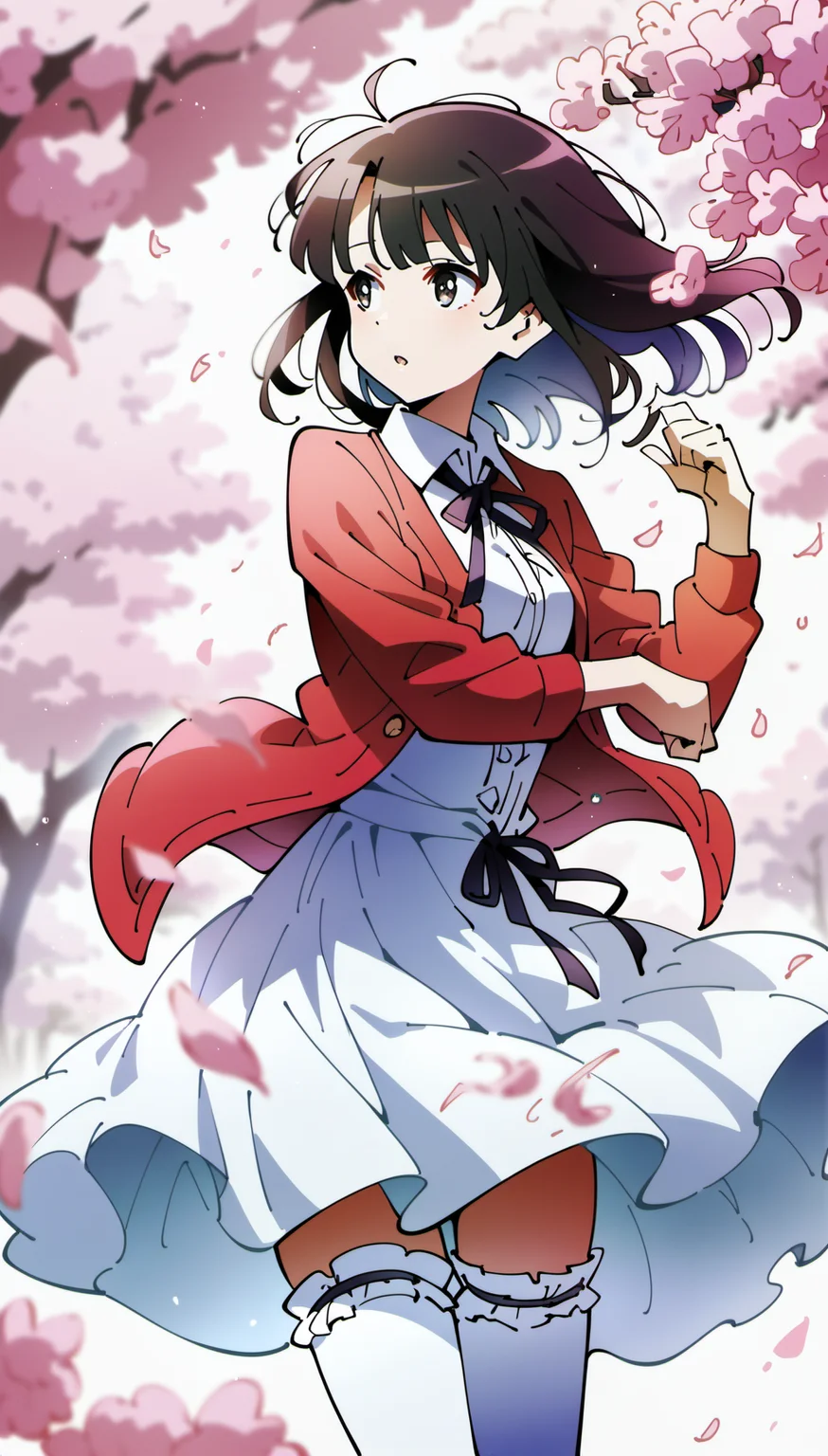score_9,score_8_up,score_7_up,
<lora:megumikato:0.9>,
megumikato,
1girl,solo,black hair,bangs,short hair,bouncing hair,
brown eyes,pupils,looking to the side,parted lips,
red cardigan,white blouse,black bow tie,white waist ribbon,white layered ruffle skirt,white thigh socks with trim,cowboy shot,wind blowing hair,left hand up,
vignetting,bloom,lens flare,light particles,cherry blossoms,