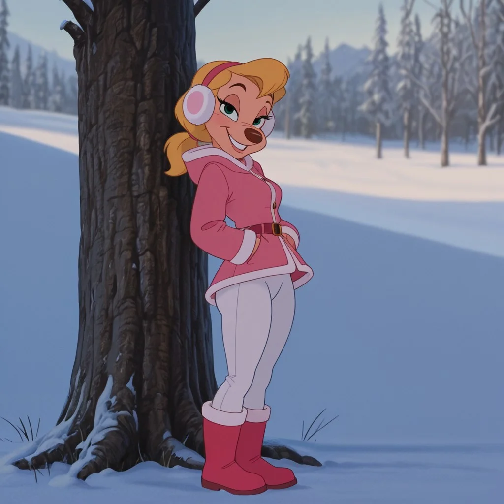 DisneyRenstyle, DISNEY_ANIMATION,
masterpiece, best quality, luminous lighting, cinematic ambiance, soft light, BREAK, 1girl, A Goofy Movie style, Goof Troop, toony, outdoors, winter, snow, sunny, anthro, furry female, blonde hair, short ponytail, bangs, low ponytail, small circle nose, slender waist, wide hips, short torso, medium breasts, short legs, curvy legs, thick calves, petite butt, hourglass figure, green eyes, wearing pink winter coat, snow boots, white snowpants, athletic butt, BREAK, standing, girl leaning against a tree, sassy smile, flirty, sexy pose, looking at viewer, ((earmuffs)),