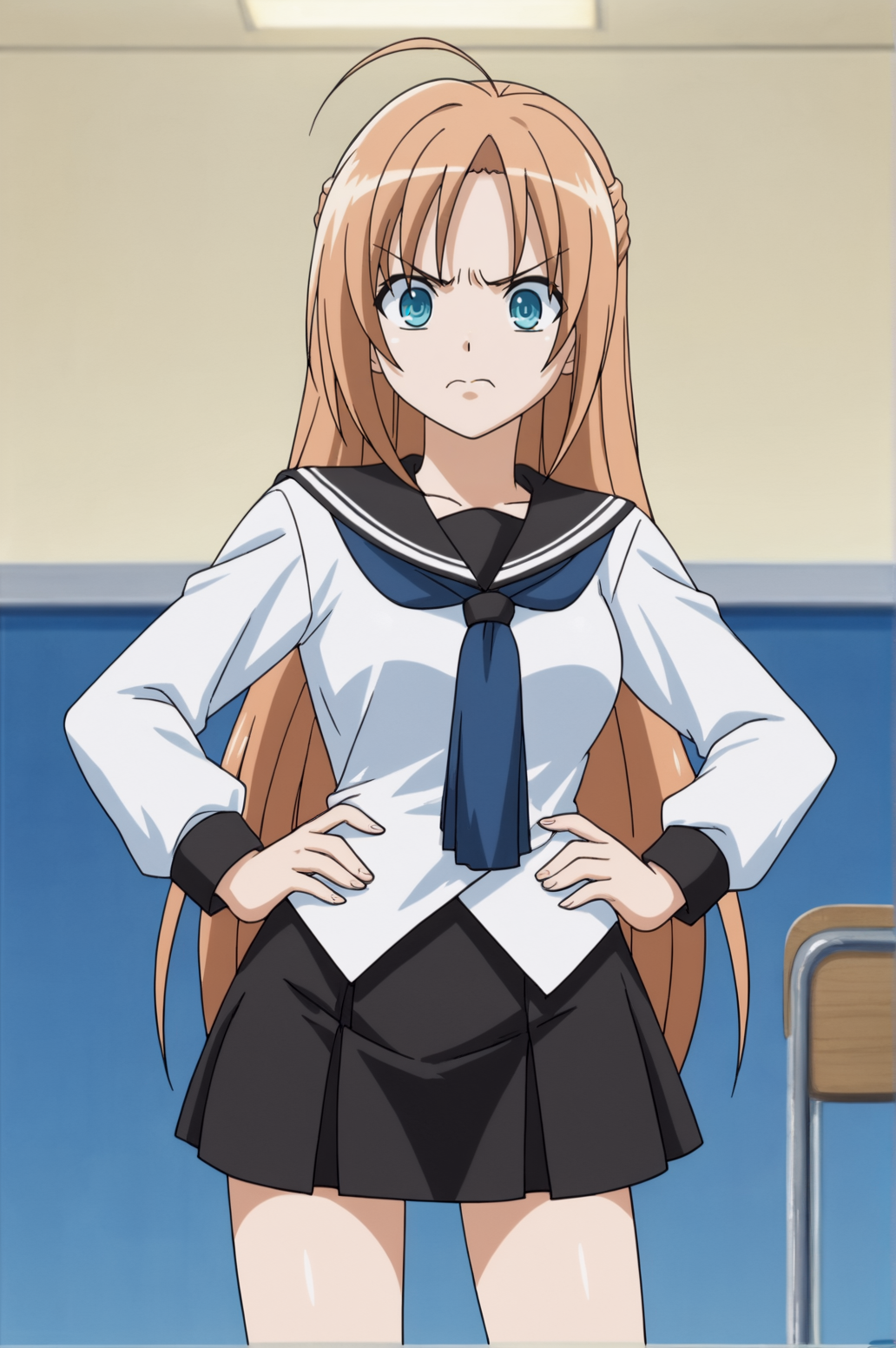 score_9, score_8_up, score_7_up,anime_source, source_anime, best background, detailed background, anime screencap,  Sakura, 1girl, skirt, school uniform, serafuku, blue neckerchief, socks, tsurime eyes, disgusted, angry, hands on own hips, indoors, <lora:JN_Kaede_Sakura:0.8>