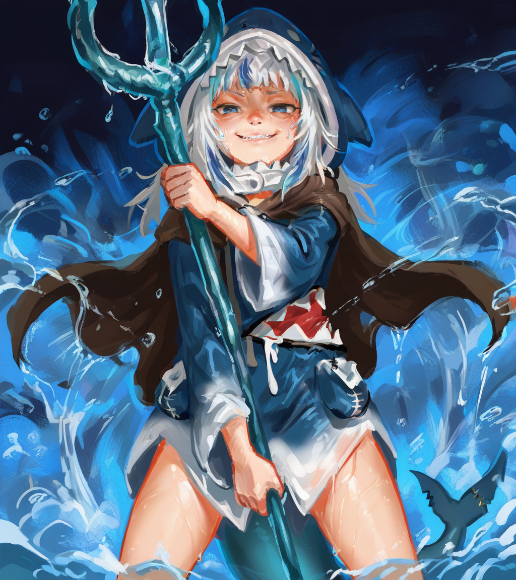 amazing quality, best quality, highres, 1girl, gawr gura, perspective, solo, standing, mage, cape, water, holding staff, ((long dark blue robe)), wet, pose, smug, blue background, water droplets, splash, <lora:Pluvium_Grandis_v2:1>