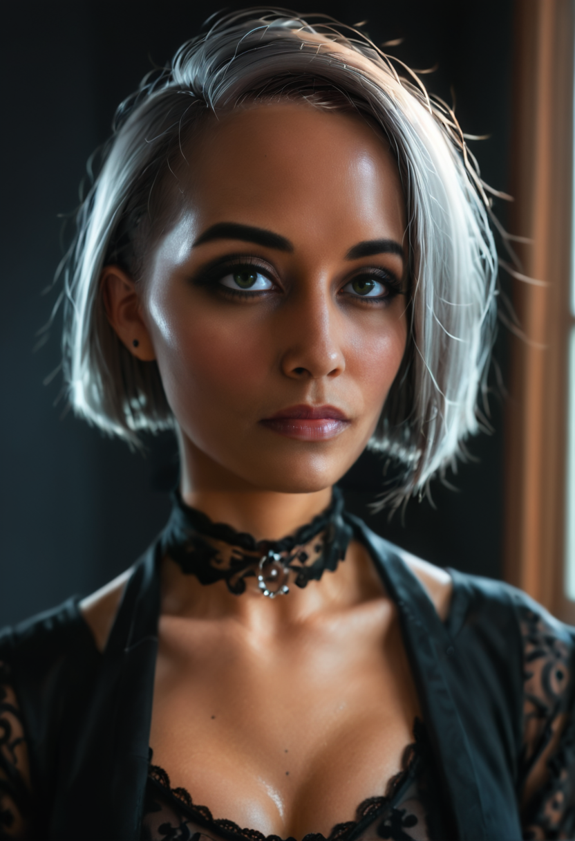 <lora:ReinaXL:1> ReinaXL, 
close up portrait of a gothic woman, rimlight reflection, rembrand light