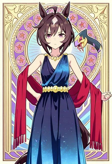 ((1girl, Believe\(umamusume\), seviper,  standing, wearing ancient greek gown, long shawl,)) flat chest, mix colored nebula background, umamusume ,  ahoge , shiny skin, sauce_anime, 1 girl , solo , (1girl , 
animal_ears ,  bandeau , black_shirt , black_shorts , blue_jacket , blue_pants ,   horse_ears , horse_girl , horse_tail , jacket , long_sleeves , midriff,solo , standing , tail , white_background , ,18 years old woman , 20 years old woman : 0.7) ,
believe_\(umamusume\) ,  pants , red_eyes , shirt , short_hair ,
 ,