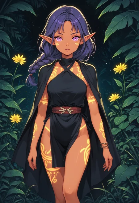 Tribal style cartoon modern western comics art gh1bl1, score_9, score_8_up, score_7_up, score_6_up, score_5_up, (Western Comics), gr33n, plant, flower, neon, green theme, yellow theme,
BREAK,
1girl, elf, purple hair, braided hair, messy bangs, tattoos, tan, pelvic curtain, criss-cross halter, cape, tribal clothing, running, anklet, bangles,  
BREAK,
jungle, mottled light, [stream], leaves, motion blue, action shot,
BREAK,
expressiveh, g0thicPXL, glowing, neon . bold lines, dynamic poses, vibrant colors, dramatic lighting, highly detailed . mid-century modern aesthetic, stylized, geometric shapes, flat colors, highly detailed . Indigenous, ethnic, traditional patterns, bold, natural colors, highly detailed
