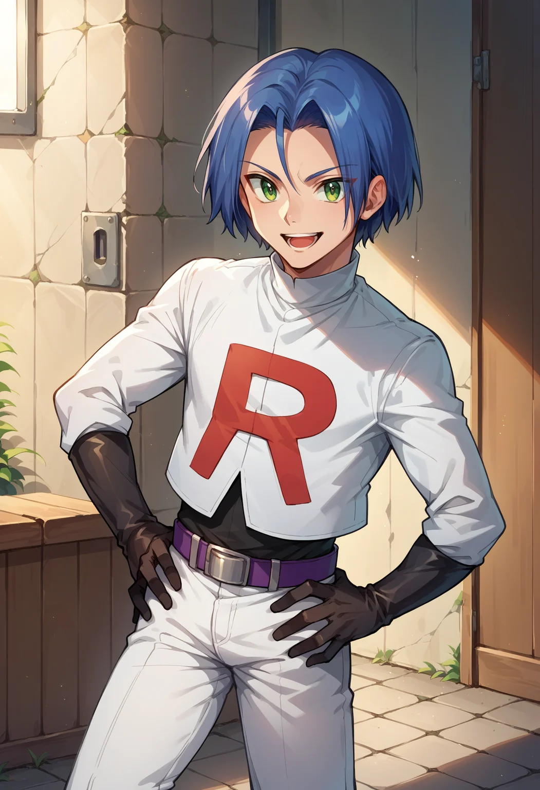 score_9, score_8_up,score_7_up, score_9, score_8_up,score_7_up, source_anime, 1boy, solo, <lora:EPpkJamesPony-07:0.8> EPpkJames, short hair, blue hair, green eyes, :d, belt, belt buckle, black footwear, black gloves, white shirt, boots, buckle, elbow gloves, gloves, open mouth, pants, belt, shirt, smile, team rocket, thigh boots, white pants, team rocket uniform, standing, hands on own hips,