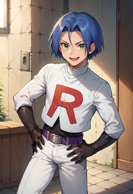 score_9, score_8_up,score_7_up, score_9, score_8_up,score_7_up, source_anime, 1boy, solo, <lora:EPpkJamesPony-07:0.8> EPpkJames, short hair, blue hair, green eyes, :d, belt, belt buckle, black footwear, black gloves, white shirt, boots, buckle, elbow gloves, gloves, open mouth, pants, belt, shirt, smile, team rocket, thigh boots, white pants, team rocket uniform, standing, hands on own hips,