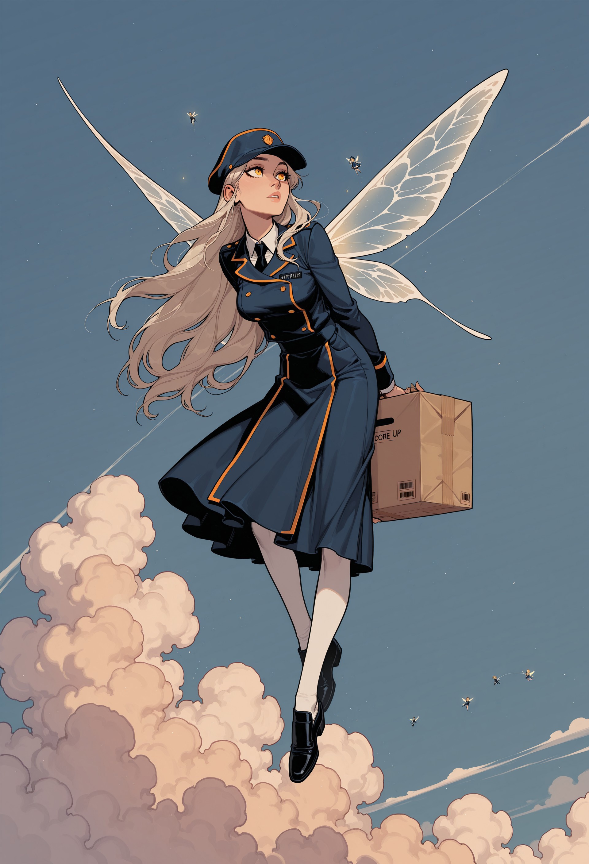 score_9, score_8_up, score_7_up, masterpiece, best quality, very aesthetic, 1girl, incoth, (incase:0.6), detailed face, (dynamic:1), stylized, illustration, platinum blonde, extremely long hair, golden eyes, fairy, wings, post uniform, postman uniform, hat, flying, carrying package, delivery service, strained, cloudy, dangling contraption 