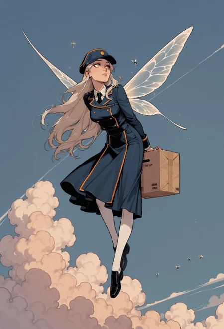 score_9, score_8_up, score_7_up, masterpiece, best quality, very aesthetic, 1girl, incoth, (incase:0.6), detailed face, (dynamic:1), stylized, illustration, platinum blonde, extremely long hair, golden eyes, fairy, wings, post uniform, postman uniform, hat, flying, carrying package, delivery service, strained, cloudy, dangling contraption 