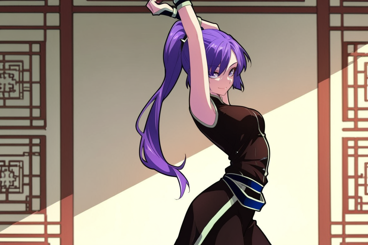 score_9, score_8_up, score_7_up, score_6_up, score_5_up, score_4_up, detailed, absurdres, flat shaded, 2D illustration, cel shaded, vibrant colours, sharp shading, hard shadows, clean linework, thick black outline, clean linework, dramatic lighting,
indoors, 1girl, solo, arms up, from side, stretching, arched back, looking at viewer, smile, cowboy shot,
 <lora:Lei Yu-Ting:0.7>, Lei Yu-Ting, purple hair, purple eyes, ponytail, sleeveless, chinese clothes, arm guards, black pants, hair ornament