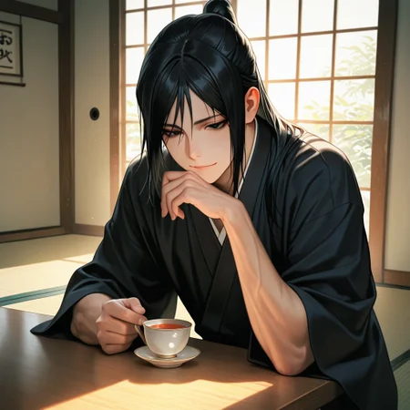 masterpiece, best quality, amazing quality, absurdres, newest, detailed background, definition so sharp, Ultra-HD, 8K cinematic, very awa, impressionate, amazing quality, highres, 
solo, male focus, manly, 
kurohyatogami, kuroh_black hair, kuroh_black eyes, 1boy, low tied hair, long hair, 
thoughtful expression, slight smile, tea cup, traditional tatami room, sunlight through shoji, calm, wise, caring, cool, inviting atmosphere, warm, against table