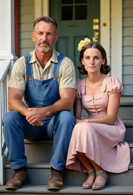 Front view mixed-age couple: of a {(man in overalls:1.125) and (girl in flower dress:1.275), sitting next to each other on the porch steps, looking into the distance, (detailed skin:1.25)}, colored by (dorothea lange:1.36), trending on artstation, best quality, 4k textures, ultra detailed