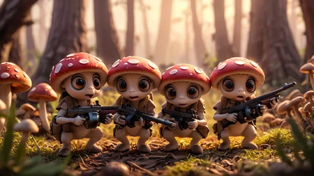 cartoon, cinematic movie scene, group of cute mushrooms with big eyes and small arms holding tmmygn submachine guns, sunrise, warm light,
<lora:Thompson_Submachine_Gun_-_1928_SDXL:0.8> <lora:Cute_3D_Cartoon:0.8>