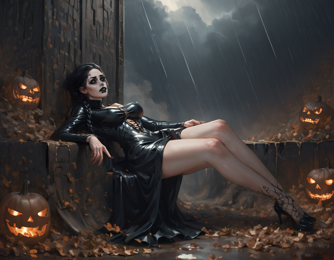 (score_9,score_8_up,score_7_up:1), 1girl, full body, voyeur view, horror, darkness, internal glow, radiant skeleton, concerned, (goth, (black lipstick, black mascara, black eyeshadow)), (toned), flaming hair, queens braid hairstyle, choker, eyeshadow)), (white oiled skin), huge breasts, <lora:breasts++-PD-swooping-1.0:1> swooping breasts, (lounging), rain tundra, (black fancy dress, white trim, goth), <lora:Latex_Dungeon_ZXC_Style_Pony_-_Snoodler_-_V3:1> zxc_style