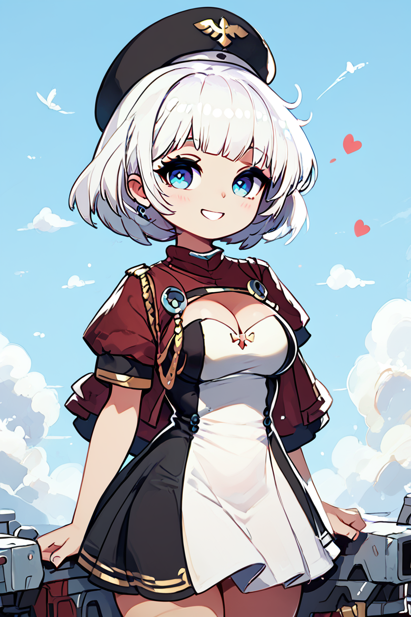 score_9, score_8_up, score_8, medium breasts, (curvy), cute, eyelashes,       ,,, , ,,, zzKarlsruhe, blue eyes, short hair, white hair,  black headwear, medium breasts, cleavage, short sleeves, beret, dress, red jacket  <lora:Karlsruhe_Azurlane_PDXL:1.0>,   ,,,, BREAK, smile, looking at viewer, cowboy shot, ,,, embedding:zPDXL, Expressiveh, ,,, <lora:CuteToonPDXL:0.8>, <lora:SDXLFaeTastic2400:0.5>, <lora:Expressive_H-000001:0.4>,