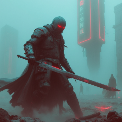 neon-mist, A digital artwork in a dystopian, cyberpunk-inspired style depicts a futuristic knight in the midst of swinging a massive sword. His armor is a fusion of medieval plate and high-tech, cybernetic enhancements, with exposed wiring, glowing vents, and a sleek, reinforced exoskeleton. His face is hidden behind a smooth, visor-like helmet, illuminated by two piercing red eyes. The knight's long, tattered cape billows dramatically, caught in the motion of his attack. The environment is a fog-covered urban battlefield, with towering, decayed structures in the background, their neon signs flickering dimly in the toxic haze. The air is thick with ash and embers, and faint silhouettes of distant figures lurk in the background, watching the battle unfold. The color palette is dominated by deep blues, greys, and crimson hues, enhancing the oppressive, war-torn atmosphere.