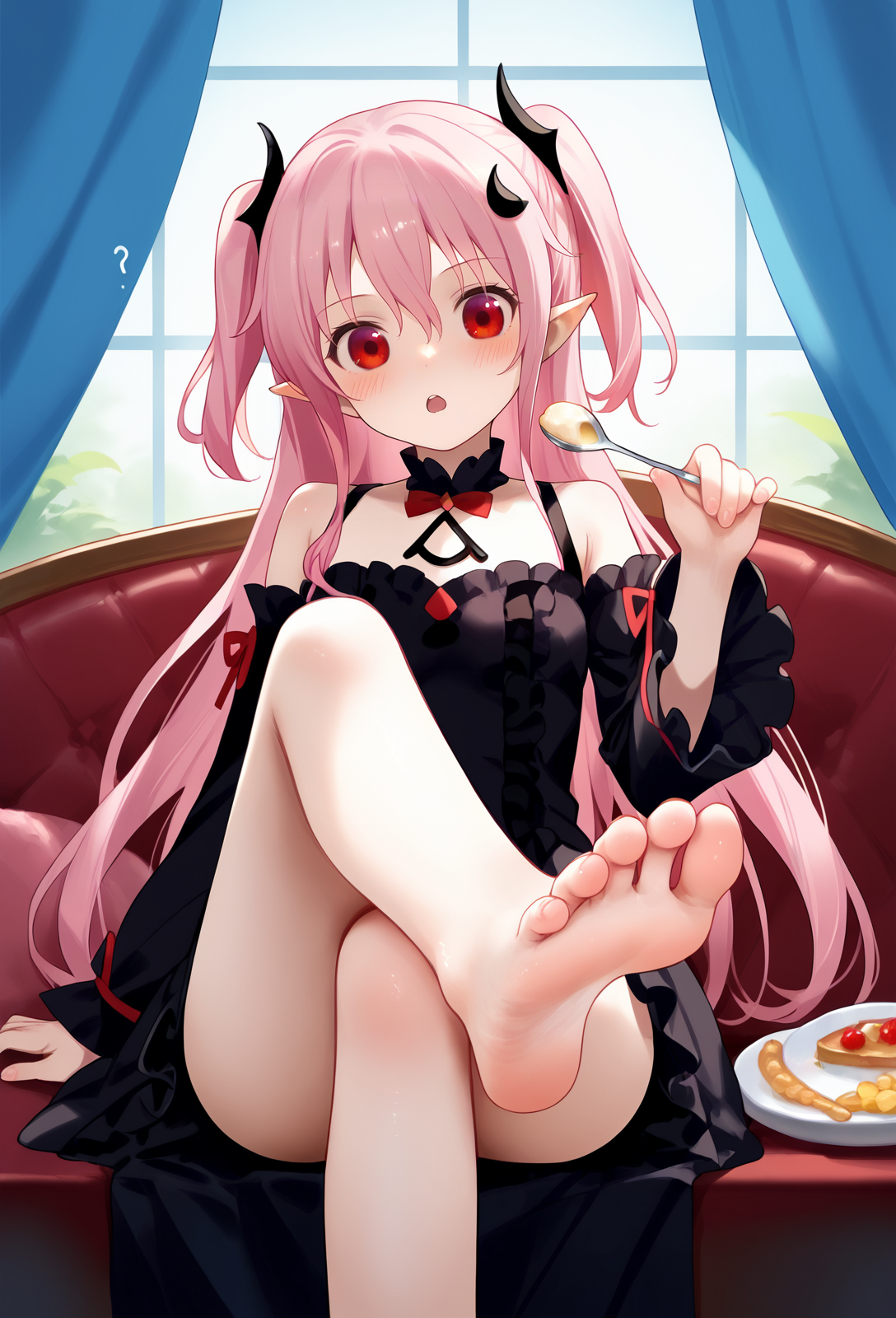 1girl, solo, long hair, looking at viewer, blush, open mouth, long sleeves, hair ornament, red eyes, dress, holding, bow, hair between eyes, bare shoulders, very long hair, sitting, pink hair, frills, food, detached sleeves, barefoot, pointy ears, indoors, black dress, feet, two side up, legs, toes, bare legs, window, soles, crossed legs, ?, foreshortening, couch, spoon, foot focus, foot out of frame, holding spoon
<lora:idkwtsibili_pony_v1:1>