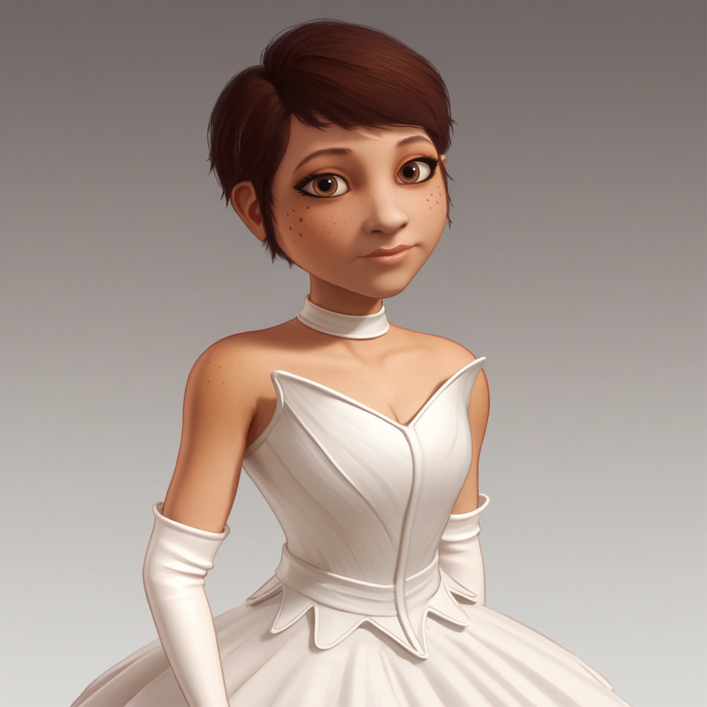 score_9_up, score_8_up, BREAK, ThePrincess, 1girl, solo, brown hair, short hair, brown eyes, freckles, white dress, elbow gloves, cowboy shot,  <lora:ThePrincess_PussInBoots2009_PXL_Leaf1:0.8>, looking at viewer, gradient background,