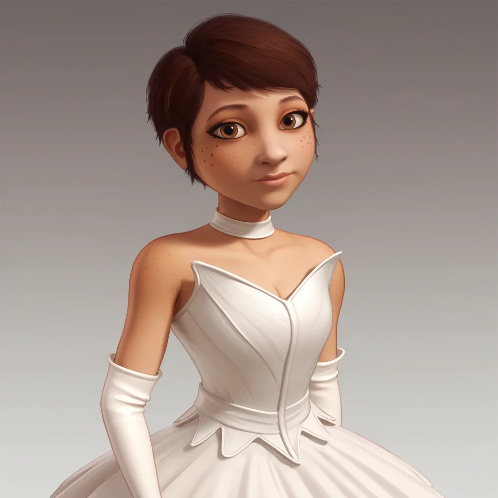 score_9_up, score_8_up, BREAK, ThePrincess, 1girl, solo, brown hair, short hair, brown eyes, freckles, white dress, elbow gloves, cowboy shot, <lora:ThePrincess_PussInBoots2009_PXL_Leaf1:0.8>, looking at viewer, gradient background,