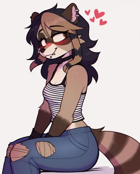 score_9_up, score_8_up, score_7_up, score_6_up, by remanedur, raccoon, furry female, female, furry, brown eyes, fingerless gloves, <3, lip piercing, striped topwear, ripped jeans, ear piercing, blush, brown fur, happy, midriff, medium breasts, choker, looking aside, head tilt, solo, side view, sitting, simple background, white background, <lora:Leah_Pines(AIM)_XL_v1:0.15> <lora:PDXL_artist_tags_v2_big:0.5> <lora:The-Minuscule-Task_PDXL_v1.0:0.6> <lora:Dakiie_flwer_lin:0.7>