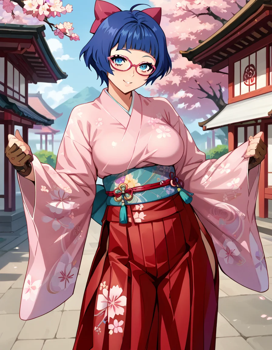 score_9, score_8_up, score_7_up, source_anime, anime screencap, anime coloring, uncensored, 1girl, solo, (cowboy shot:1.2), inui honoka, blue eyes, blue hair, short hair, blunt bangs, ahoge, glasses, red-framed eyewear, large breasts, pink kimono, brown gloves, fingerless gloves, red hakama, hakama skirt, purple hair bow, sakura print, outdoors, smile, looking at viewer, shiny body, shiny skin, skindentation, clear skin, shiny hair, ultra detailed eyes, depth of field, sharp, (intricate details, hyperdetailed:1.15) <lora:Inui Honoka_Super Robot Wars_Pony_v1.2:1>