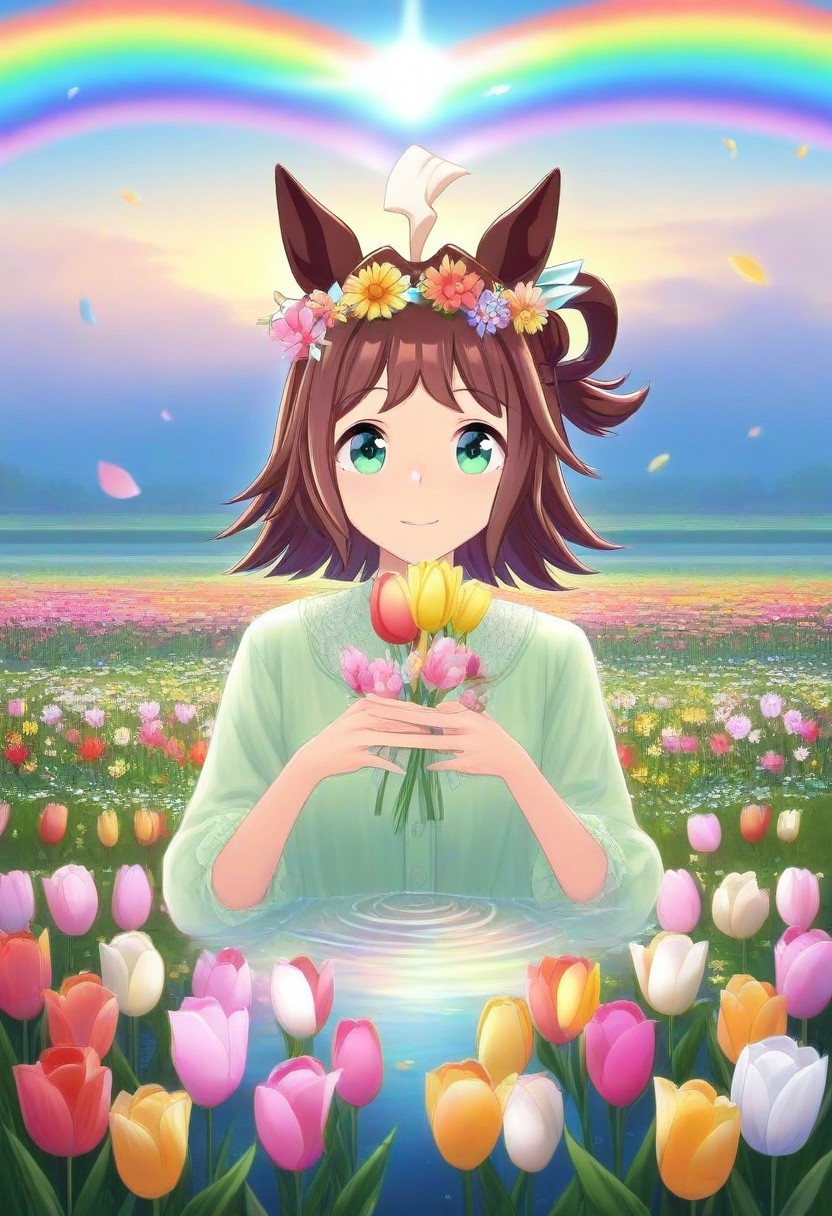 (umamusume, rhein_kraft_(umamusume), horse_ears, horse_girl, tail, 1girl, Tulip, animal_ears,), 
casual, field, flower, flower_field, green_eyes, hair_between_eyes, hair_ornament, 
head_wreath, looking_at_viewer,  solo, , symmetric ,spiralling vortex made of multicoloured tulips,ripples, reflective, jaynl-tm, rainbow, , g0ldsw0rthy,
(realistic, photo,  artistic, medium_hair, one_eye_closed, petals, relaxing,  lush foliage sunrise,  ,  : 0.7)