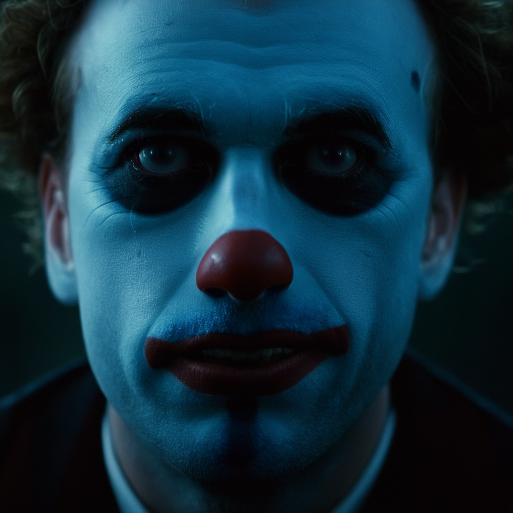 cinematic film still of  <lora:Cool Lighting Style:1> Blue Cool Lighting Style
 <lora:Chiaroscuro Lighting Style:1>
from above, dramatic, cinematic, shadow, partially covered in shadow, a creepy clown is in the dark with a creepy face Chiaroscuro Lighting Style, solo, smile, open mouth, blue eyes, 1boy, male focus, teeth, tongue, no humans, dark, facepaint, clown, shallow depth of field, vignette, highly detailed, high budget, bokeh, cinemascope, moody, epic, gorgeous, film grain, grainy