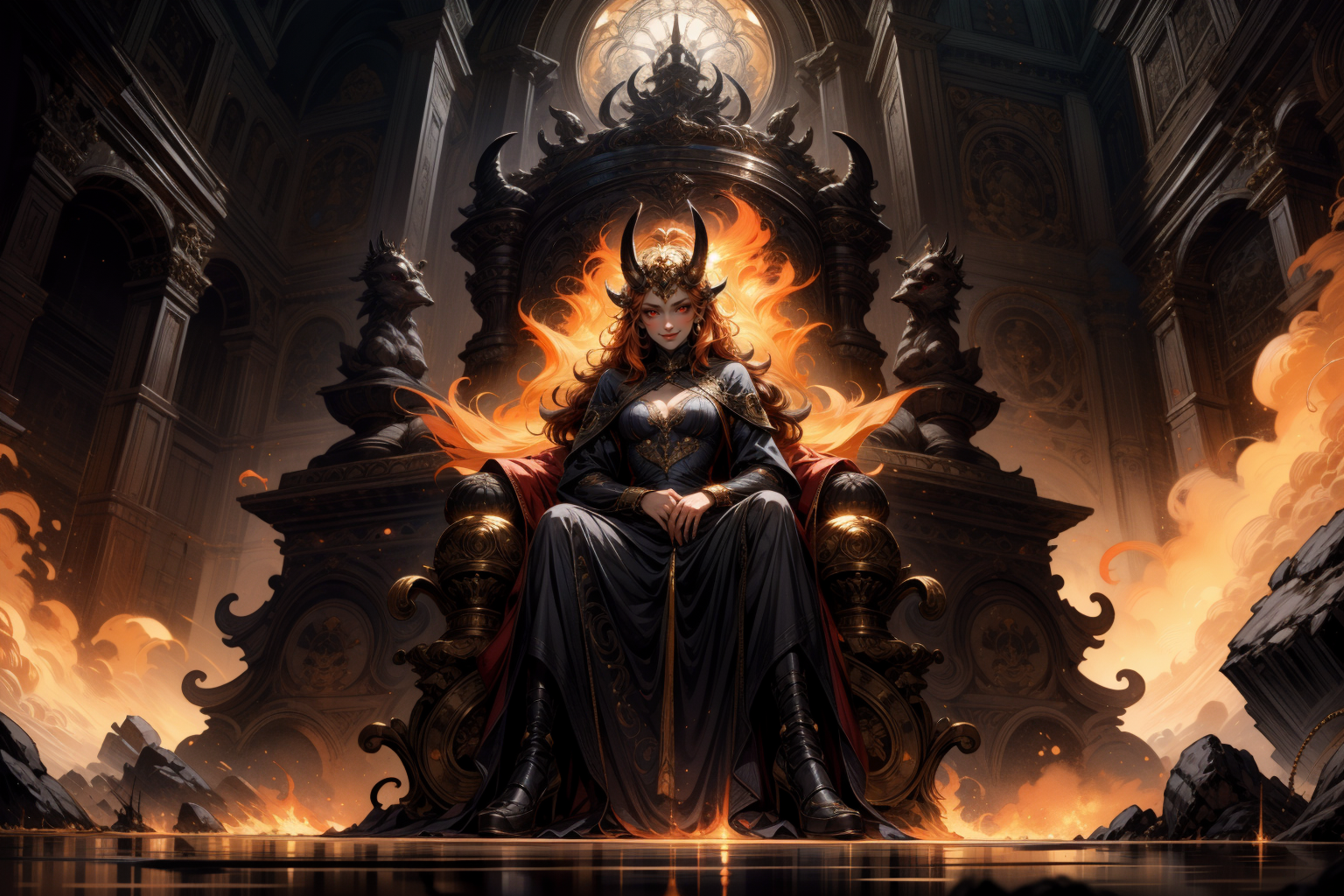 BGMizora, 1girl, cute, sexy, smirking, horns, red eyes, dress, orange hair, grey skin,  <lora:BGMizora:0.7>,
sitting on a throne, in hell, lava in the background, meteors