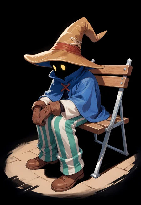score_9, score_8_up, score_7_up, source_anime, BREAK, solo, 1boy, <lora:Ziggy-pdxl_Fp:0.8>, ziggy, yellow eyes, shaded face, faceless, no mouth, wizard hat, striped pants, blue cloak, robe, brown gloves, long sleeves, <lora:concept_shinjichair_ponyXL:1>, shinjichair, sitting, head down, bench, black background, abstract background,