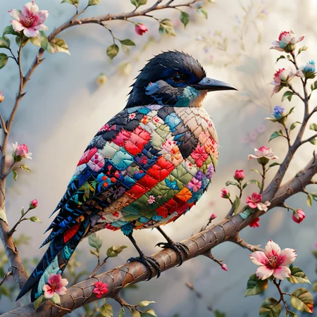charming bird sitting on a tree branch, soft light, flowery, detailed, deep and fine, amazing, epic art, ptchkrawk <lora:ptchkrawk:1>