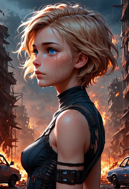 1girl, Masterpiece, 4k, ultra high detail, score_9, score_8_up, score_8, petite, medium breast, short blonde hair, fcNeg, stunning blue eyes, freckles, white skin, small nose, innocent beauty, slim face, skinny petite body,
Torn sport clothes
Dark sky, burning sky, nighttime, night,
Fear in her eyes, crying,
Sideview, Apocalyptic scene, burning skyscraper, burning city, derstroyed cars, a huge asteroid swarm in the sky,
Many asteroids in the sky,
End of the World,
negative_hand, NightScapes,