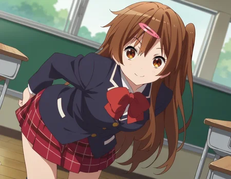 score_9, score_8_up, score_7_up, source_anime,
shinkanibutani, <lora:shinka-nibutani-s2-ponyxl-lora-nochekaiser:1>,
shinka nibutani, long hair, brown hair, hair ornament, brown eyes, hairclip, one side up,
skirt, school uniform, jacket, plaid, kneehighs, plaid skirt, blazer, icho private high school uniform, blue blazer,
indoors, classroom, bent over, smile,
looking at viewer, cowboy shot, dutch angle, solo,