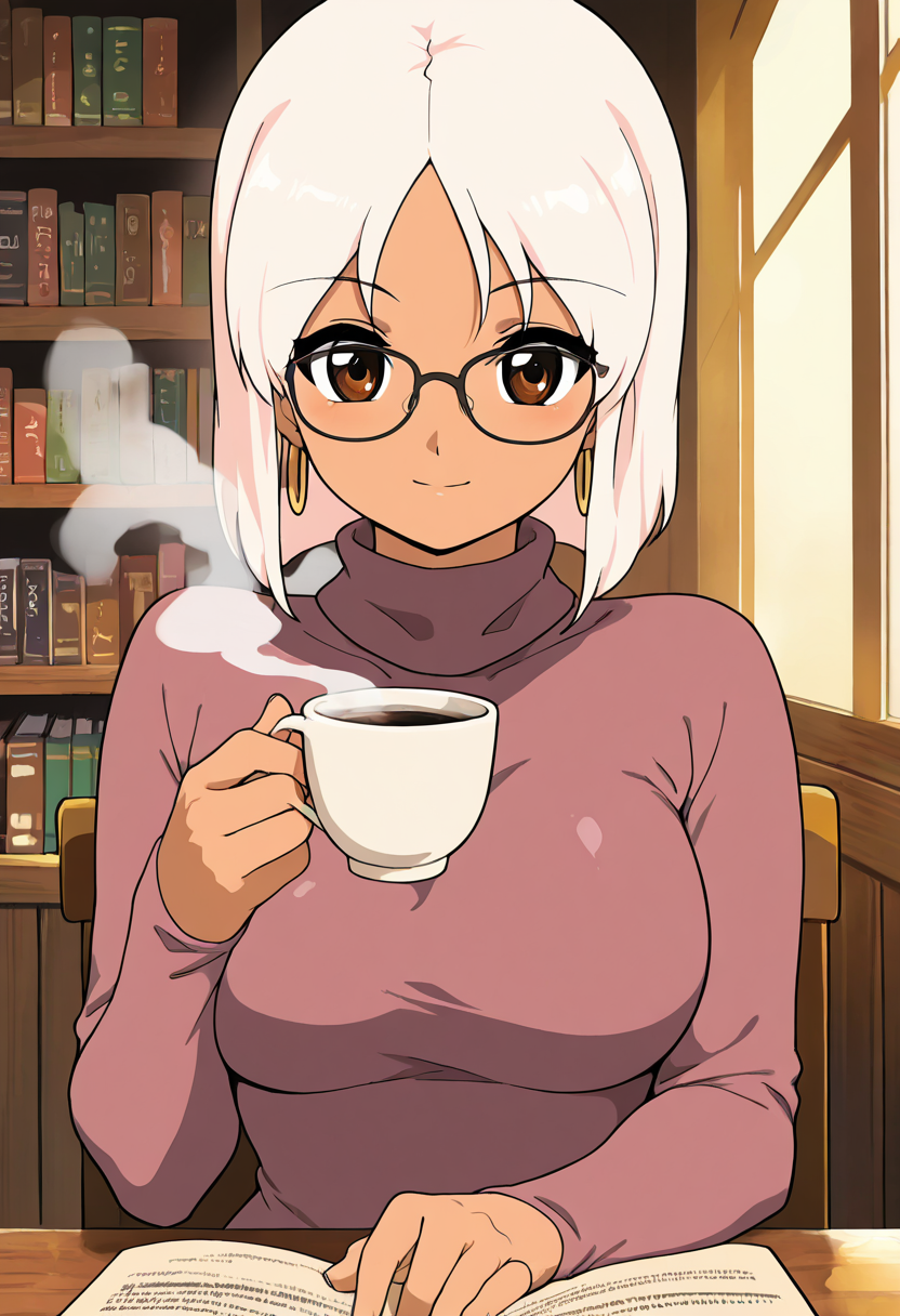 masterpiece, best quality, solo, curvy, beautiful eyes,  smile, looking at viewer,  zzMeow, brown eyes, white hair, dark skin, narrow waist, foreshortening, upper body, close up, detailed eyes,   <lora:MeowLittleMonicaMonogatari_IXL_v1:1.0>,  [Cozy Intellectual Charm], Warm turtleneck sweater, small hoop earrings, reading glasses, soft scarf, Sitting at a wooden table in a quiet library, steam curling from a coffee cup, surrounded by books and ambient golden lighting through tall windows.