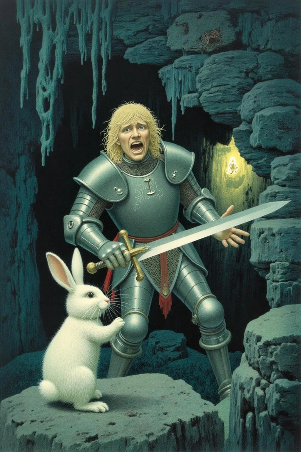 jeanleonhuens1 illustration.
A blonde knight fighting a small white rabbit. The blonde knight, adorned with shining armor and a frightened expression, holds a large sword. Background is an ominous cave, with stalactites hanging from the ceiling and a faint, eerie glow emanating from within. 
  <lora:jeanleonhuens1_ap_d6a3e12:1.0><lora:844826724605877262:0>