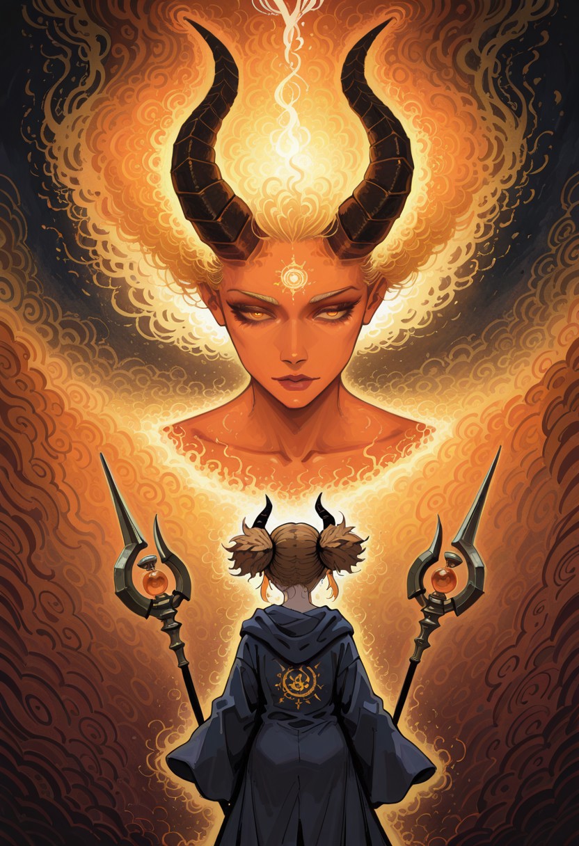 lazypos, character focused, anime girl, demon horns, golden hair, abstract style, painterly strokes, deep blue, fiery orange, holding staff, mystical charm, loose robe, magical aura, side glance, dynamic composition, expressive brushwork, surreal palette, modern fantasy, wind-blown hair, ethereal mood, bold colors, glowing warmth, tarustyle, artist:moriimee