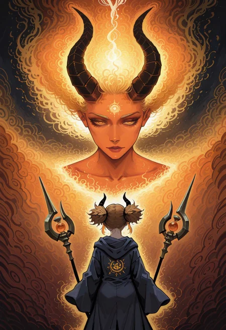 lazypos, character focused, anime girl, demon horns, golden hair, abstract style, painterly strokes, deep blue, fiery orange, holding staff, mystical charm, loose robe, magical aura, side glance, dynamic composition, expressive brushwork, surreal palette, modern fantasy, wind-blown hair, ethereal mood, bold colors, glowing warmth, tarustyle, artist:moriimee