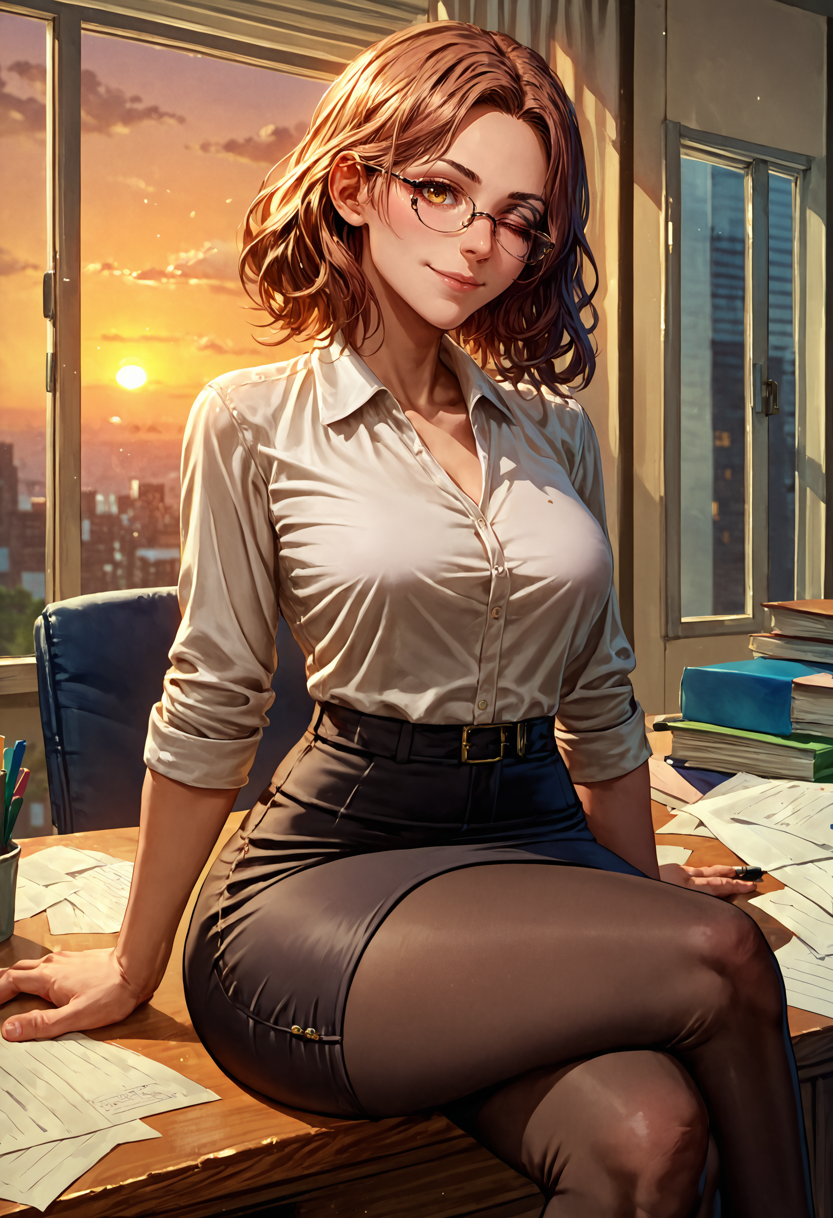 score_9, score_8_up, score_7_up, detailed, IncrsMelina, scar across eye, facial tattoo, one eye closed, brown hair, medium hair, yellow eyes, <lora:Melina_pdxl_Incrs_v2:1>, office lady, black pantyhose, sitting, desk, crossed legs, glasses, shirt, seductive smile, window, sunset,