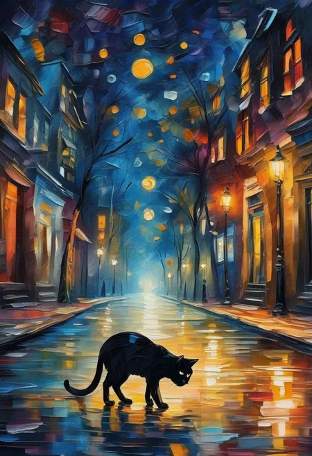 Masterpiece mix of paper quilling, layered paper and painting in the style of Leonid Afremov. Highly detailed illustration of a black cat wandering in an empty street at night, devoid of any human presence.