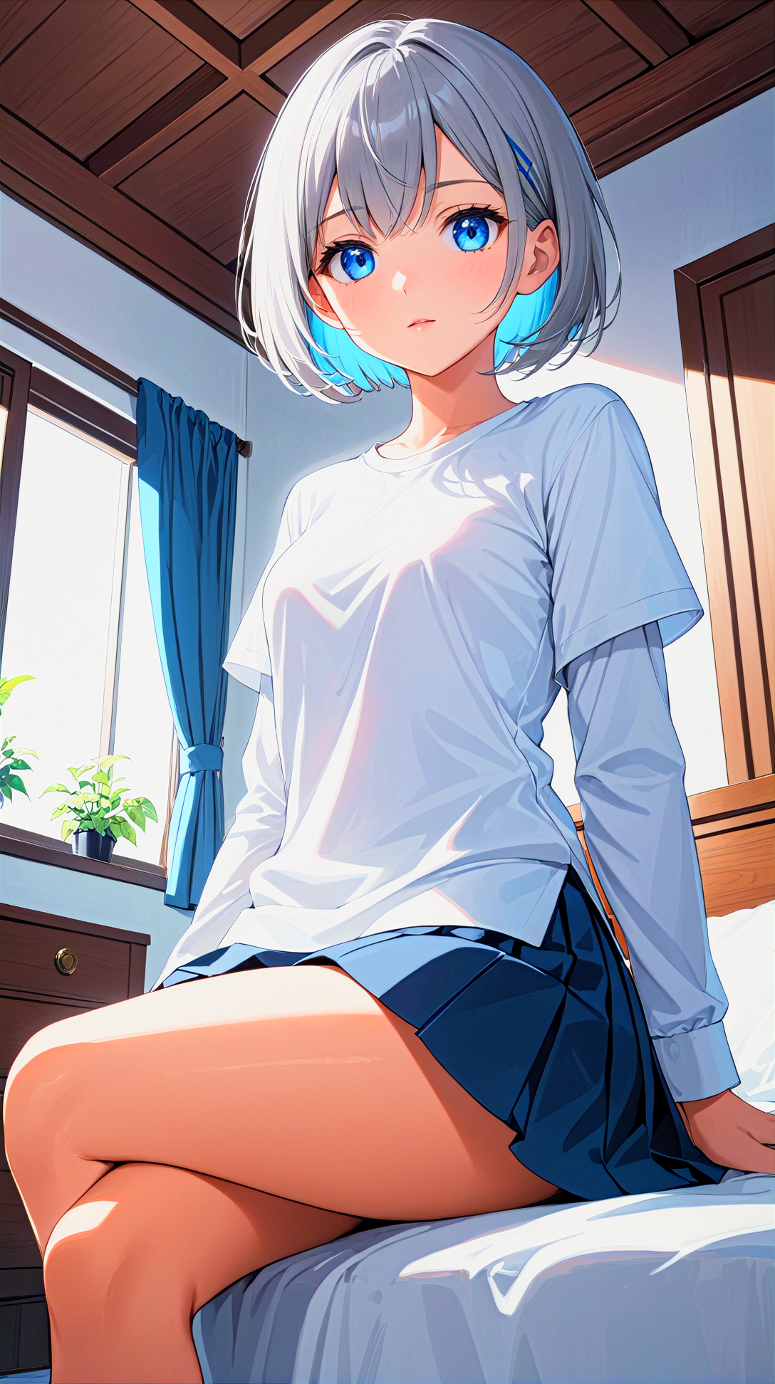 1girl, solo, masterpiece, best quality, indoors, bedroom, sitting,  from below, leg focus, blue eyes, closed mouth, grey hair, long sleeves, looking at viewer, shirt, short hair, short sleeves, skirt, white shirt