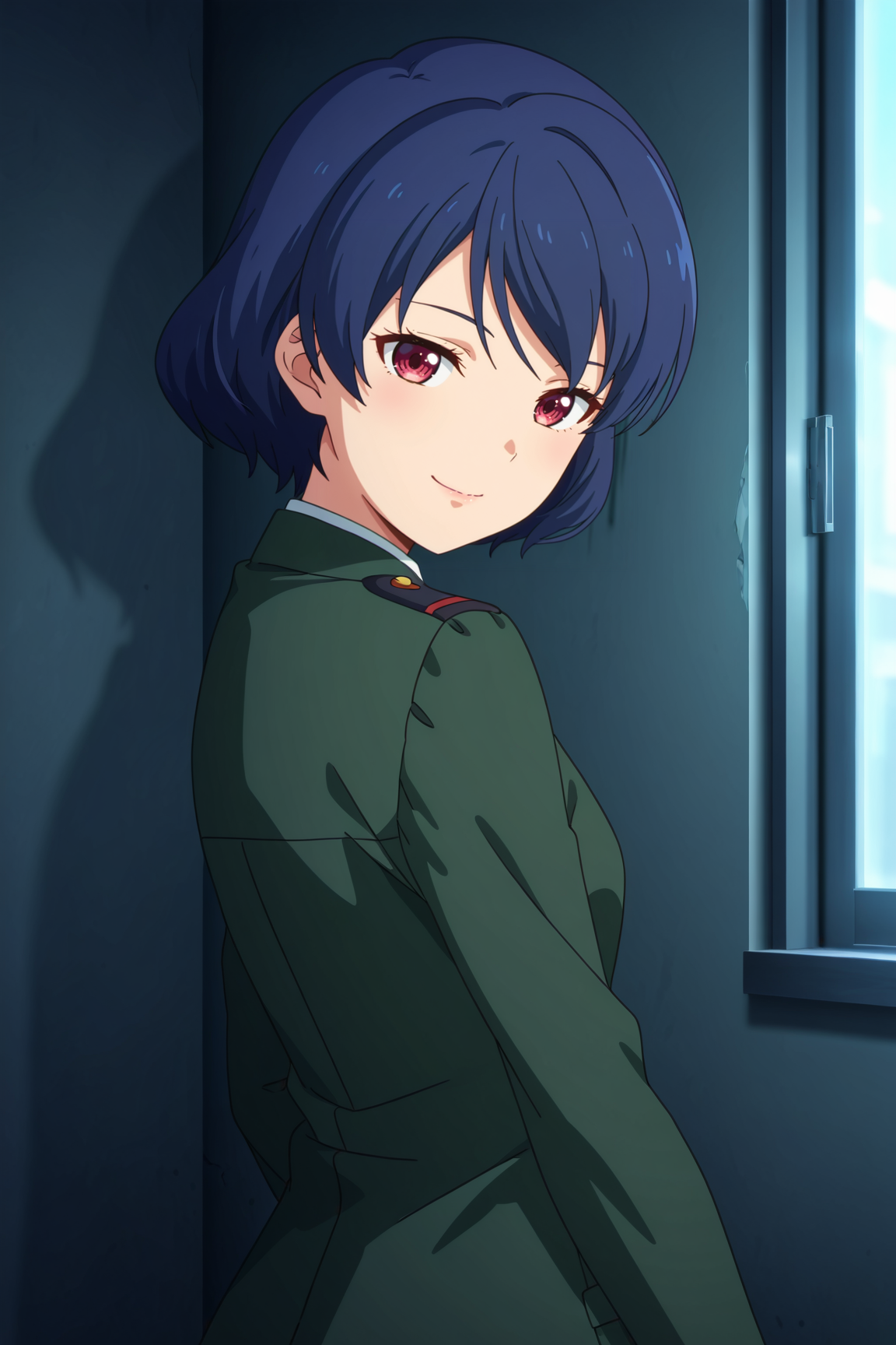 masterpiece, best quality, absurdres, highres, source anime, very aesthetic, BREAK, anime coloring, anime screencap,
 <lora:tachibana_rui_v1-illustrious:1>, 1girl, tachibana rui, domestic na kanojo, pink eyes, blue hair, short hair, 
BREAK, looking at viewer, standing, 
BREAK, seductive smile, twisted torso, military uniform