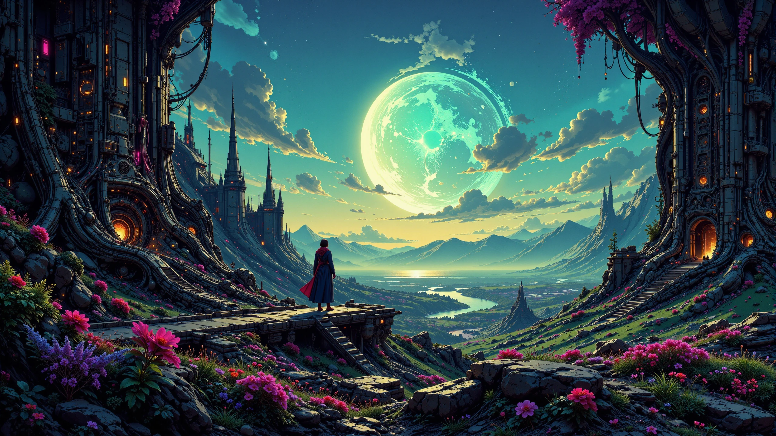 dystopic civilization beautiful  landscape, early morning, woman, very intricate, very detailed, sharp, bright, colorful, <lora:Hand v2:0.5> <lora:Anti-Blur:1><lora:Insane Detail Slider:0.25>  <lora:flux.1_lora_flyway_Epic-detail_v2:0.3> <lora:fluxenhancer:0.25> <lora:ck-Neon-Retrowave:0.4> ck-rw, in the style of ck-rw,  <lora:Neurocore Anime Cyberpunk:0.8> A digital artwork in the style of cknc