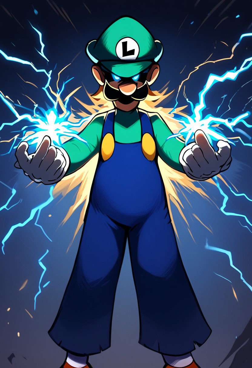 score_9, score_8_up, score_7_up 
   , masterpiece, beautiful,,electric powers, electricity bend, dynamic pose, dramatic lighting, itluigi, angry, bend knees,cartoon-style, green hat, green long-sleeved shirt, blue overalls, moustache, round nose, brown shoes, white gloves, yellow buttons, brown hair, slim, striped socks, red and white socks, l emblem on hat, looking at viewer, blue eyes,  twinkling particles, stardust, eye_trail, glowing eyes,lightning thunder trails, lthndrtrl, lot of lightning coursing along body, electric yellow glow, large sparks of electricity, masterpiece, best quality, very aesthetic, made of golden and blue and red and yellow and purple lightning thunder trails , lthndrtrl, high score, great score, absurdres, shaded face,shaded face, (black face:1.2)glowing eyes