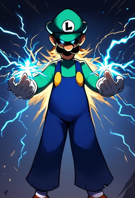 score_9, score_8_up, score_7_up
, masterpiece, beautiful,,electric powers, electricity bend, dynamic pose, dramatic lighting, itluigi, angry, bend knees,cartoon-style, green hat, green long-sleeved shirt, blue overalls, moustache, round nose, brown shoes, white gloves, yellow buttons, brown hair, slim, striped socks, red and white socks, l emblem on hat, looking at viewer, blue eyes, twinkling particles, stardust, eye_trail, glowing eyes,lightning thunder trails, lthndrtrl, lot of lightning coursing along body, electric yellow glow, large sparks of electricity, masterpiece, best quality, very aesthetic, made of golden and blue and red and yellow and purple lightning thunder trails , lthndrtrl, high score, great score, absurdres, shaded face,shaded face, (black face:1.2)glowing eyes