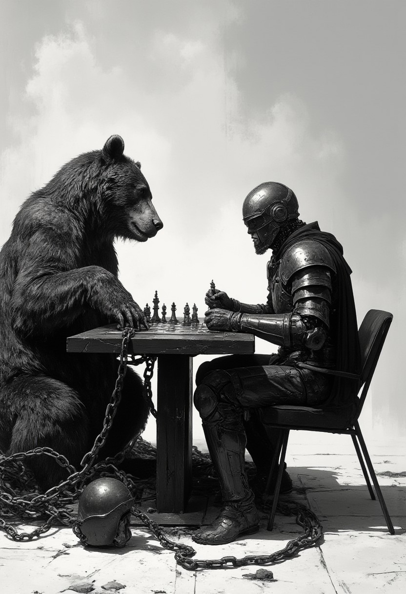 This image is a high-contrast, black-and-white photograph featuring a strikingly dressed knight and a large, sleek grizzly bear. The knight is seated on a modern, angular, black chair with a low backrest, facing a black, rectangular table. He wears a form-fitting, black armored bodysuit with intricate metallic details and a cape. His right hand rests on the table while his left hand holds a chess piece. His helmet sits beside him on the table. The chessboard on the table is set with pawns, knights, bishops, a queen, and a king, with the knight’s pawn at the front, and the black queen and king placed in their respective spots. The grizzly bear, positioned on the left, sits on a large, heavy chain coiled around its body, stretching across the floor. Its massive paws rest on the table, contrasting the knight’s sleek armor. The bear's thick, textured fur adds raw, natural power to the scene, contrasting with the knight’s polished presence. The background is seamless, light gray, sharply contrasting the black elements in the foreground, with a matching light gray floor that enhances the minimalist aesthetic of the photograph.