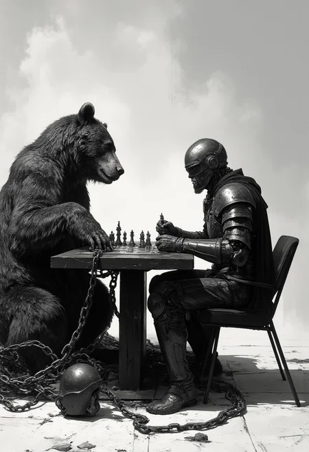 This image is a high-contrast, black-and-white photograph featuring a strikingly dressed knight and a large, sleek grizzly bear. The knight is seated on a modern, angular, black chair with a low backrest, facing a black, rectangular table. He wears a form-fitting, black armored bodysuit with intricate metallic details and a cape. His right hand rests on the table while his left hand holds a chess piece. His helmet sits beside him on the table. The chessboard on the table is set with pawns, knights, bishops, a queen, and a king, with the knight’s pawn at the front, and the black queen and king placed in their respective spots. The grizzly bear, positioned on the left, sits on a large, heavy chain coiled around its body, stretching across the floor. Its massive paws rest on the table, contrasting the knight’s sleek armor. The bear's thick, textured fur adds raw, natural power to the scene, contrasting with the knight’s polished presence. The background is seamless, light gray, sharply contrasting the black elements in the foreground, with a matching light gray floor that enhances the minimalist aesthetic of the photograph.