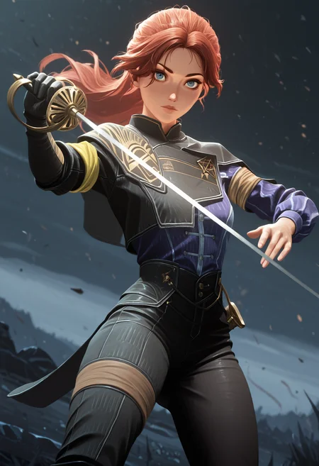 masterpiece, best quality, amazing quality, 1girl, <lora:maelle_illustrious:1>, ma3ll3,
asymmetrical shirt, gloves, black pants, armband, battle pose, rapier, sword, <lora:afkJourneyIllustrious2:1> afkJourneyStyle