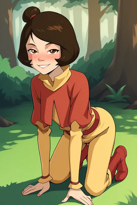 score_9, score_8_up, score_7_up, score_6_up, BREAK, JinoraAvatarPXL, 1girl, brown eyes, brown hair, short hair, single hair bun, flat chest, red capelet, yellow shirt, long sleeves, red belt, yellow pants, red boots, solo, full body, all fours, seductive smile, looking at viewer, naughty face, nose blush, forest <lora:JinoraAvatarPXL:1>