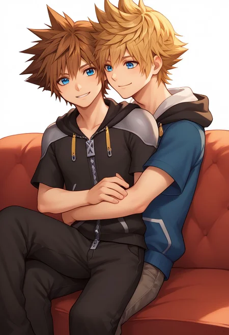 score_9, score_8_up, source_anime, highly detailed, 2boys,
sora, spiked hair, male focus, 1boy, brown hair, blue eyes, zipper, hoodie, BREAK
roxas, 1boy, zipper, male focus, spiked hair, blue eyes, blonde hair, pants, short sleeves, zipper pull tab, 
indoor, sofa, medieval, on lap, hug, smile,