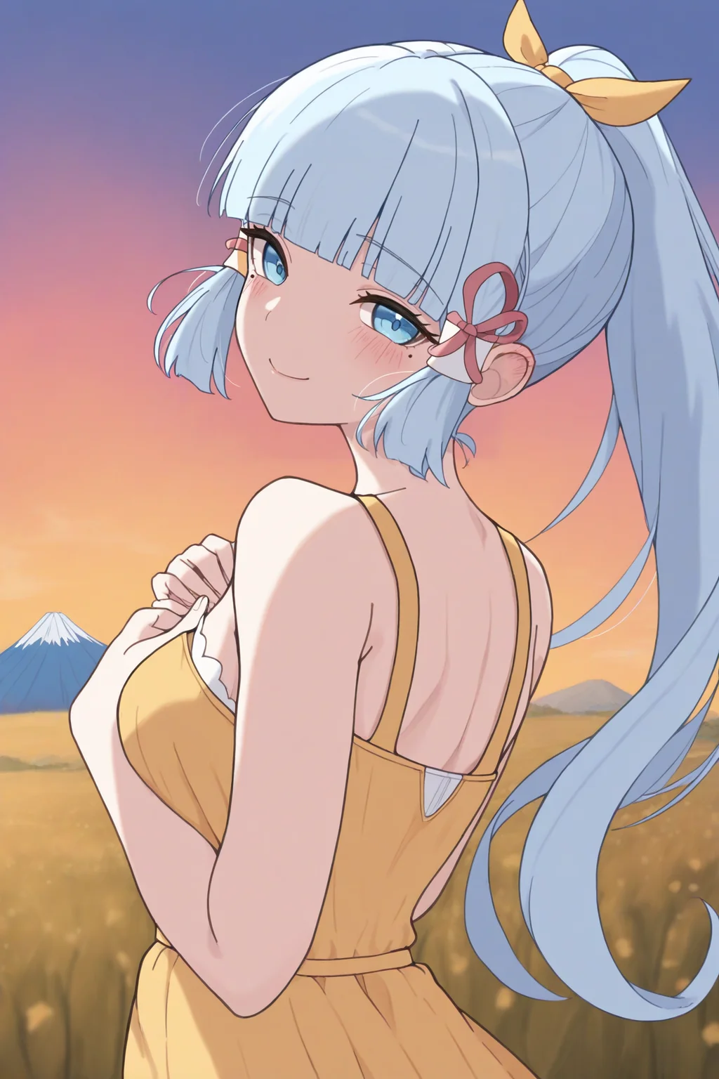 masterpiece, best quality, 1girl, solo, <lora:kamisatoayaka-illu-nvwls-v1-000006:1> basekamiaya, light blue hair, blue eyes, blunt bangs, mole under eye, ponytail, long hair, hair ornament, hair ribbon, yellow sundress, from behind, sunset, field, mt. fuji, looking at viewer, smile, blush, looking back, hands on own chest