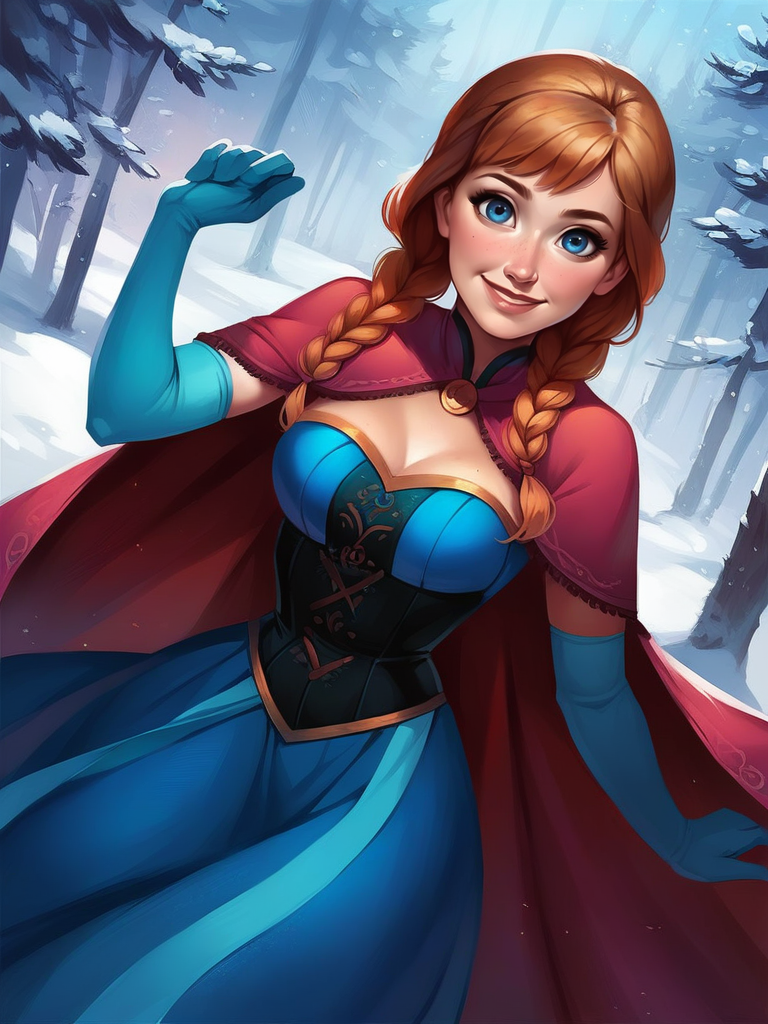 score_9, score_8_up, score_7_up, score_6_up, AnnaXLP, cute pose, blue dress, long skirt, elbow gloves, cape, capelet, corset, twin braids, medium breasts, narrow waist, wide hips, thick thighs, looking at viewer, dynamic pose, smile, cute, solo, cowboy shot, forest, winter, trees, realistic, cute, cartoon, from above,
 <lora:AnnaXLP_character:0.8>