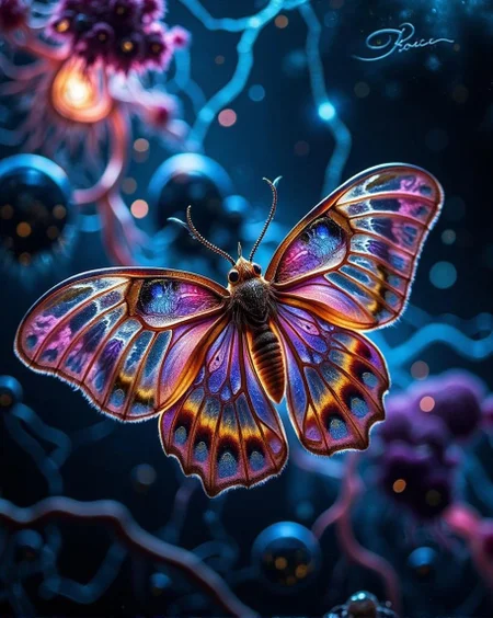 <lora:168C07DADBF648CD292F8B67B084FDA1F6CB23256C7DF00736A7DBCECE5654CB.safetensors:1> gloss-dark
In the heart of the night, a moth of ethereal beauty flutters gracefully, its wings a canvas of surreal and luminous patterns. The wings, delicate and intricate, resemble decaying lace, their skeletal framework casting a haunting yet captivating glow. Each strand and curve is bathed in a harmonious gradient of vibrant blues, purples, magentas, and oranges, blending seamlessly to create a tapestry of otherworldly warmth and depth.
The moth hovers in a radiant, dreamlike expanse, illuminated by a celestial light that seems to emanate from the very core of the universe. The light casts a soft, ethereal glow over the moth’s wings, highlighting the fine textural details and smooth transitions. The background dissolves into a swirl of cosmic colors, with distant stars and nebulae adding a touch of mystical energy to the scene.
The moth’s body, a soft, shimmering form, is bathed in the same ethereal light, blending seamlessly with the surroundings. The environment, a blend of smooth, glowing surfaces and intricate details, evokes a sense of quiet wonder and serenity. Every element in the scene, from the delicate wings to the distant stars, harmonizes in a dance of light and color, creating a vision of serene beauty infused with a touch of the macabre.
The moth, a symbol of transformation and mystery, floats in this ethereal realm, a masterpiece of nature and imagination. The scene, a blend of organic beauty and celestial elegance, invites the viewer to step into a world of quiet wonder and otherworldly enchantment.