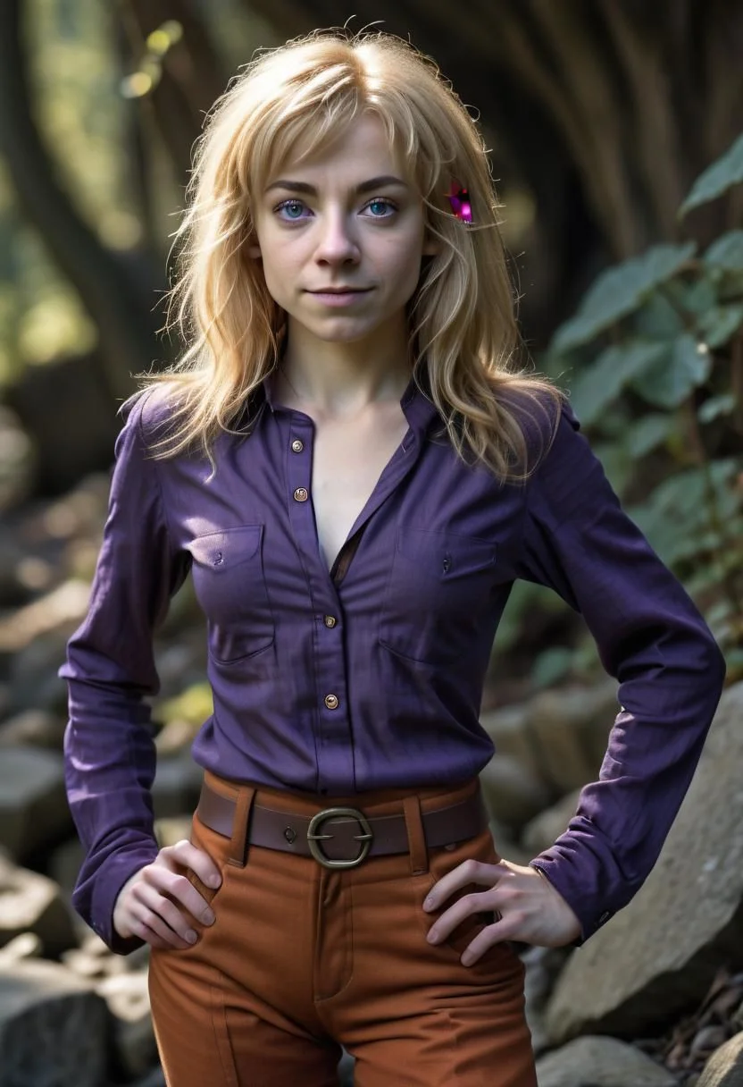 photo of pale (Age 19) female (halfling:1.75), (flat chested, rectangle body shape), (shaggy blonde, middle part), blue eyes, ((Dark purple)/(Dark Orange) masculine shirt/pants), homely, tiny, petite, thin, toned, lithe, full body, outdoors, HDR